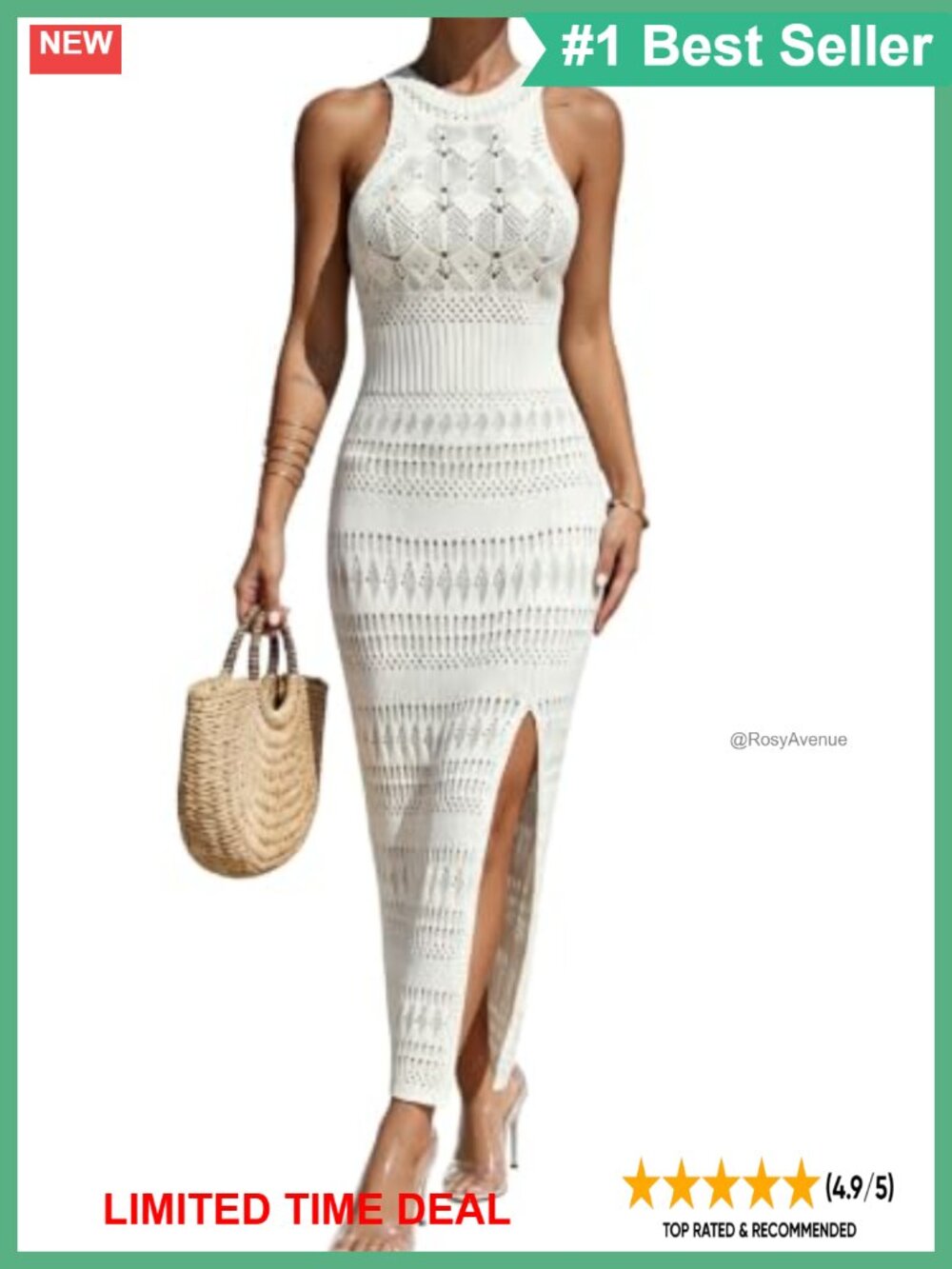 Crochet Halter Midi Dress Sleeveless Knit Bodycon Beach Vacation